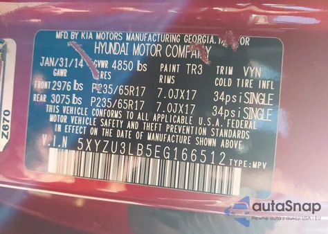 2014 Hyundai Santa Fe Sport 2.4L from USA, damaged, VIN 5XYZU3LB5EG166512